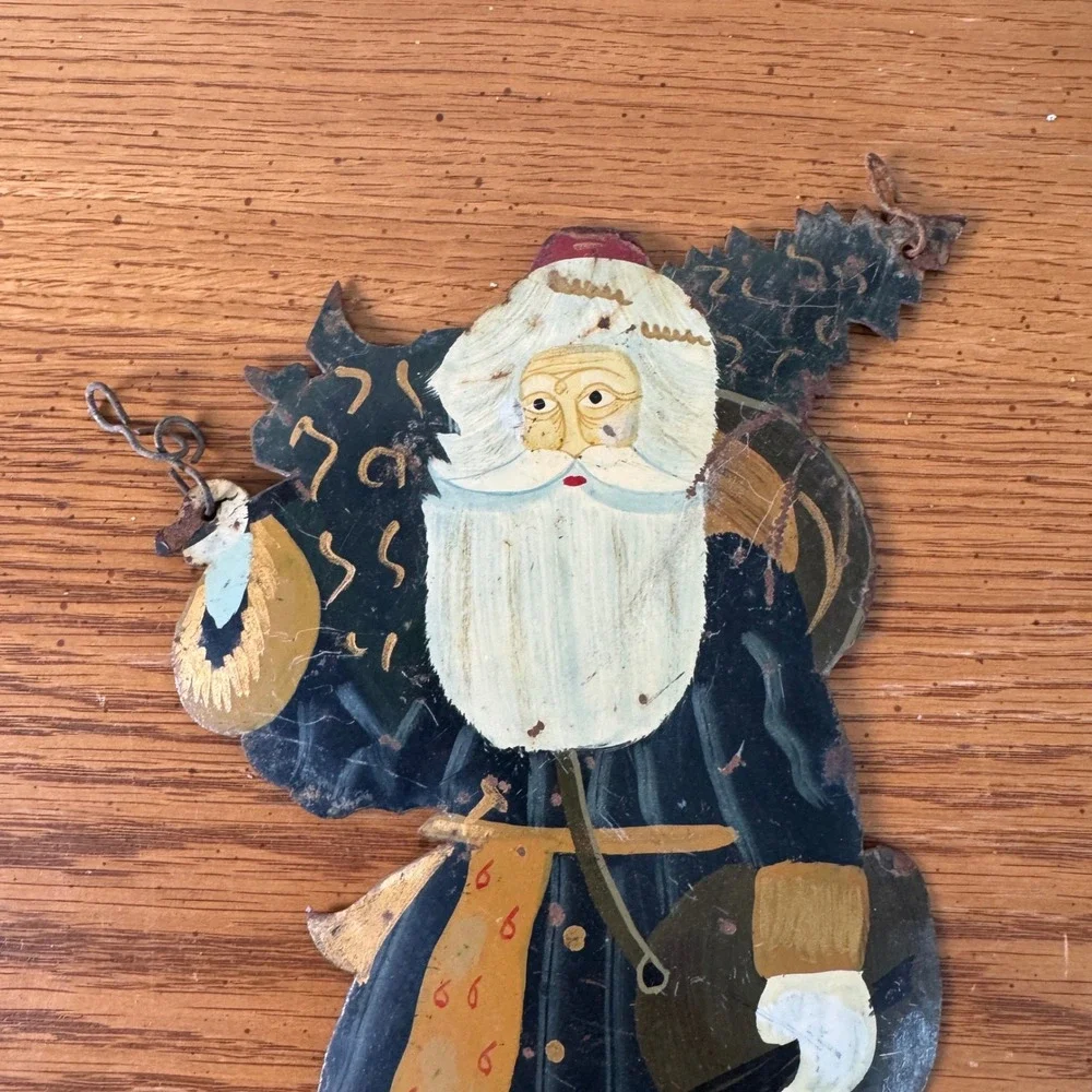 Vintage Hand Painted‎ Santa Claus Christmas Decoration Metal Hanging Decor